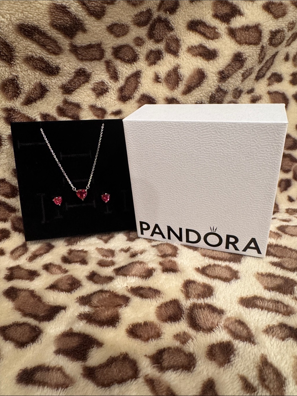 Pandora Silver Necklace and Earrings with Red Heart Stones